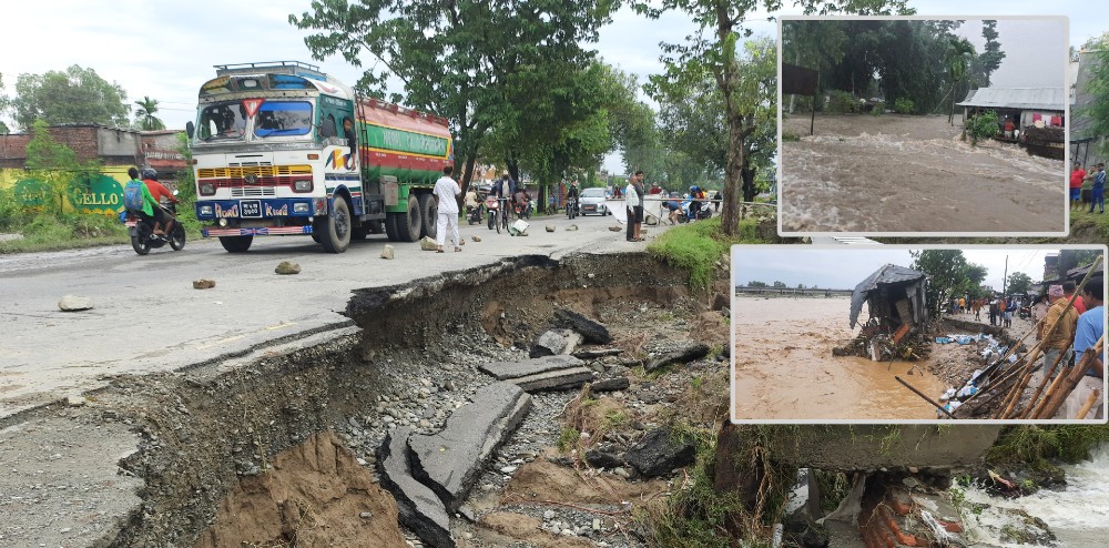 प्रदेश १ मा बाढीको वितण्डा : गाउँमा पहिरो, सहरमा डुबान, राजमार्ग अवरुद्ध