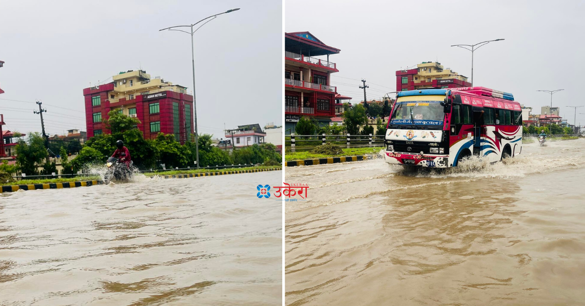 एकैछिनको वर्षाले बुटवलको मुख्य सडकमा बाढी